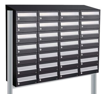 Brievenbuskast (4x7) 28 brievenbussen zwart met statief (en dakje) Brievenbuskast (4x7) 28 brievenbussen zwart met statief (en dakje)