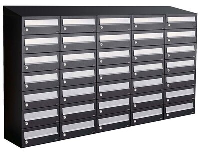 Brievenbuskast (5x7) 35 brievenbussen zwart (met dakje) Brievenbuskast (5x7) 35 brievenbussen zwart (met dakje)