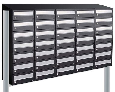 Brievenbuskast (5x7) 35 brievenbussen zwart met statief (en dakje) Brievenbuskast (5x7) 35 brievenbussen zwart met statief (en dakje)