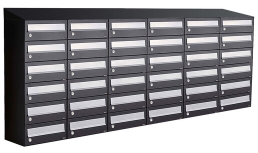 Brievenbuskast (6x6) 36 brievenbussen zwart (met dakje) Brievenbuskast (6x6) 36 brievenbussen zwart (met dakje)