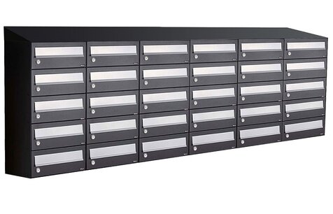 Brievenbuskast (6x5) 30 brievenbussen zwart (met dakje) Brievenbuskast (6x5) 30 brievenbussen zwart (met dakje)