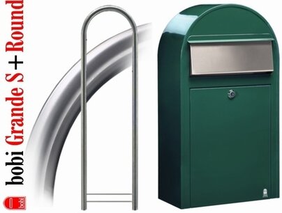 Brievenbus Bobi Grande S donkergroen RAL 6005 + statief round RVS Brievenbus Bobi Grande S donkergroen RAL 6005 + statief round RVS