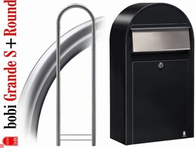 Brievenbus Bobi Grande S structuurzwart RAL 9005 + statief round RVS Brievenbus Bobi Grande S structuurzwart RAL 9005 + statief round RVS