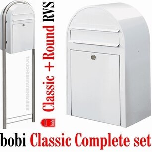 Brievenbus Bobi Classic wit RAL 9016 + statief round RVS Brievenbus Bobi Classic wit RAL 9016 + statief round RVS